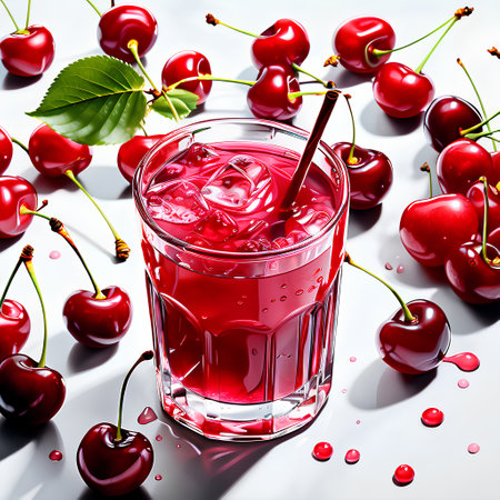 Glass of cherry juice with ice cubes and cherries on white backgroundの素材