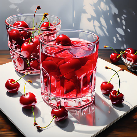 Cherry juice in a glass with cherries on a wooden tableの素材