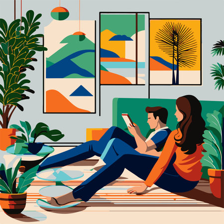Man and woman sit on the floor in the living room and use a smartphone. Vector illustrationの素材