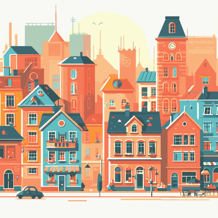 Cityscape with colorful houses, cafes and streets. Vector illustration.の素材