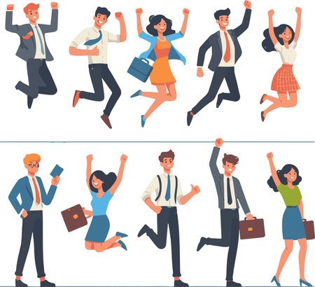 Happy Business People Characters Set. Male and Female Office Workers Jumping, Jumping, Jumping, Celebrating Success. Businessman and Businesswoman Cartoon Illustrationの素材