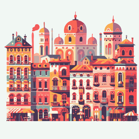 Cityscape with colorful buildings. Vector illustration in flat design style.の素材