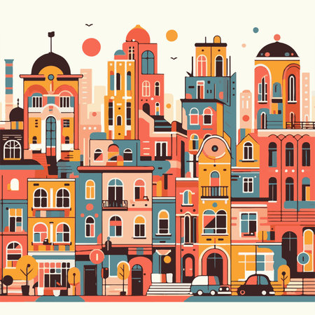 Cityscape with colorful houses. Vector illustration in flat design style.の素材