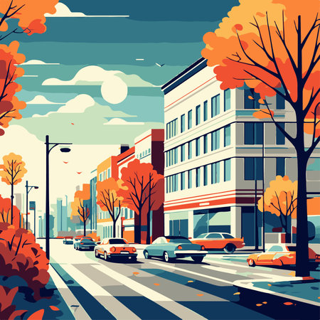 Autumn city street with cars and colorful trees. Vector illustration in flat styleの素材