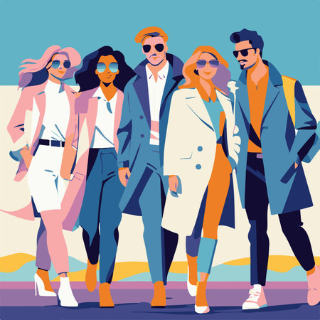 Group of young people walking in the city. Vector illustration in flat styleの素材