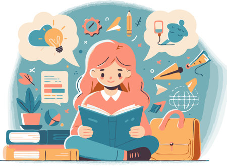 Vector illustration of a girl sitting on the floor and reading a bookの素材