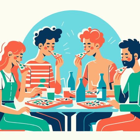 Friends eating pizza. Vector illustration in flat style. Happy people eating pizza.の素材