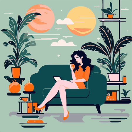 Vector illustration of a woman sitting on a sofa in the living room and drinking coffee.の素材