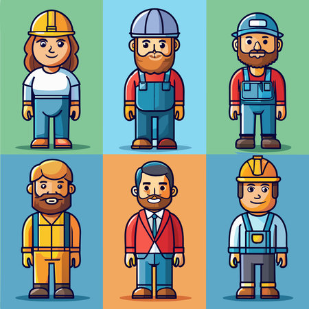 Cartoon characters of children in overalls and helmets. Vector illustration.の素材