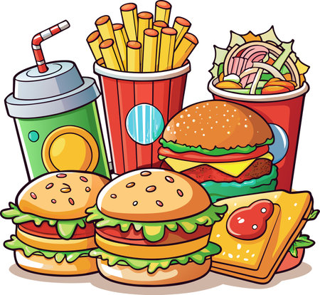 Illustration Featuring a Set of Fast Food Dishes and Drinksの素材
