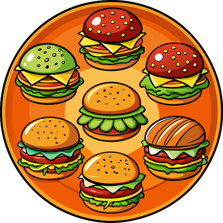 Hamburger icons set on orange plate. Vector illustration of fast food.の素材