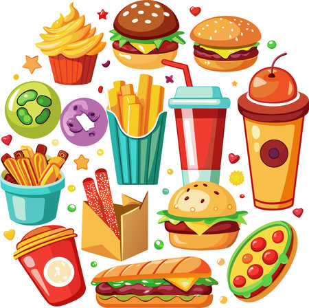 Fast food theme with fast food icons in cartoon style vector illustration.の素材