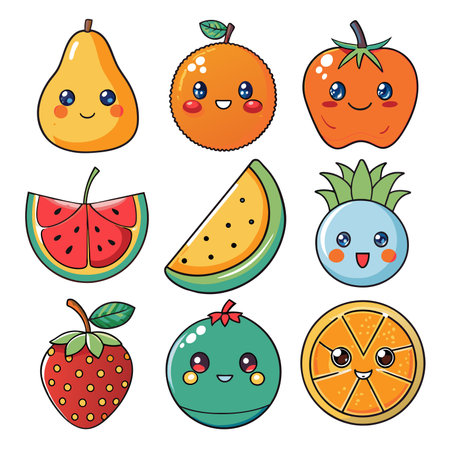 Funny fruit kawaii characters. Vector set of cute kawaii fruits in cartoon style.の素材