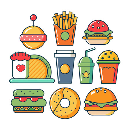 Fast food icon set in flat style. Fast food vector illustration.の素材