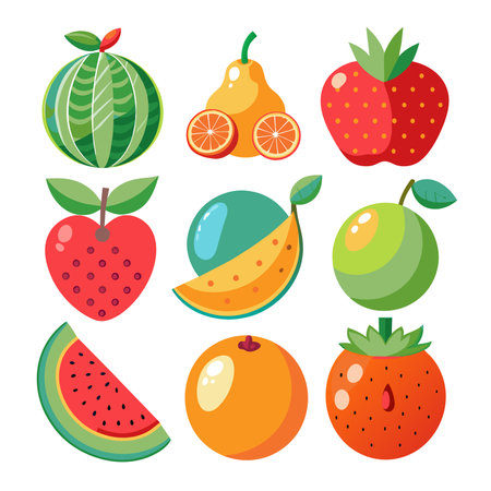 Fruits vector set. Strawberry, orange, pear, watermelon, melon, strawberry, orange, apple, pear, kiwi.の素材