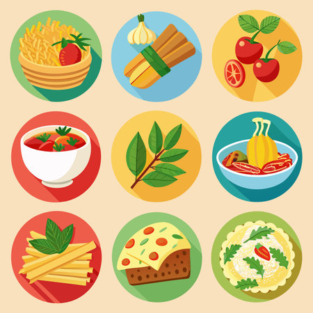 Italian food flat icons set with pasta and vegetables in plates isolated vector illustrationの素材