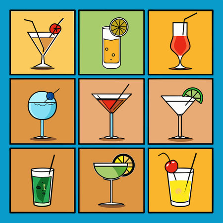 Cocktails icons set. Vector illustration in flat design style.の素材