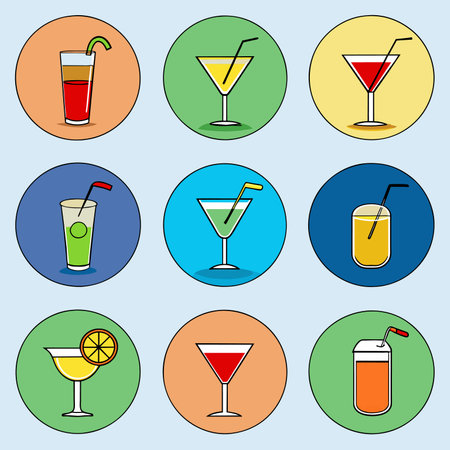 Cocktail icons set in flat style. Vector illustration of drinksの素材