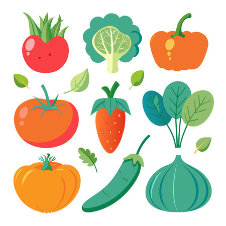 Vegetables set. Tomato, pepper, cucumber, broccoli, onion, broccoli, tomato, pepper, onion, spinach, cucumber, carrot, cauliflower. Vector illustrationの素材