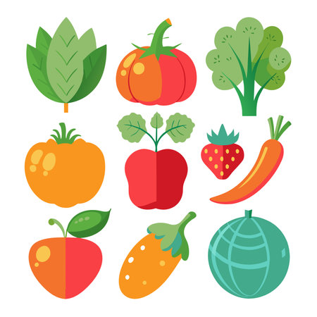 Fruit and vegetable icon set. Vector illustration in flat style.の素材