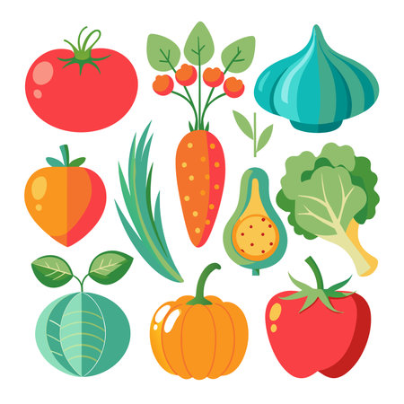 Vegetables and fruits set in flat style. Vector illustration.の素材