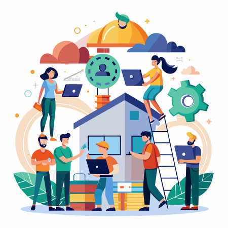 People working at home vector illustration. Teamwork, remote work, social distancing concept.の素材