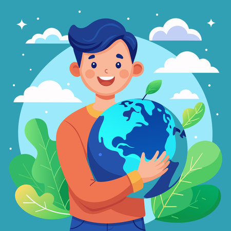 Cute boy holding Earth planet. Vector illustration in flat cartoon styleの素材