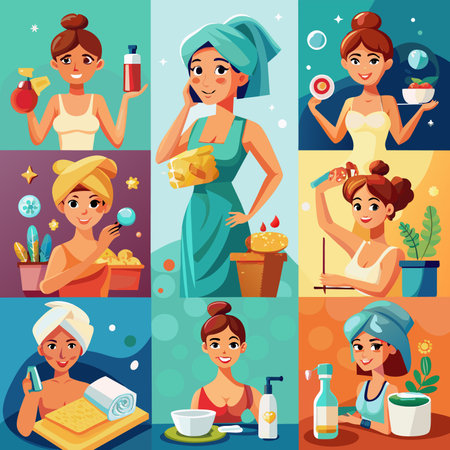 Spa salon and beauty salon procedures icons set with woman in towel and bathrobe vector illustrationの素材