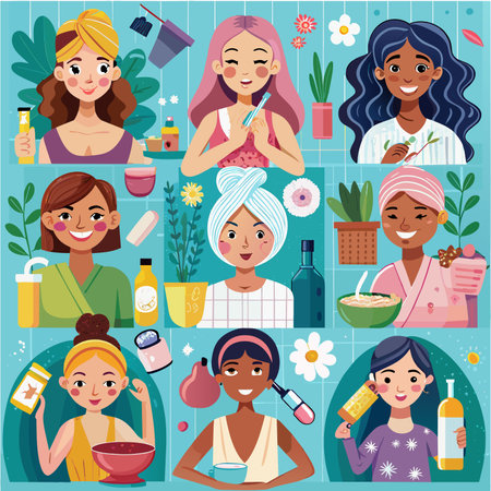 Vector illustration of a group of young women with different types of skin care.の素材