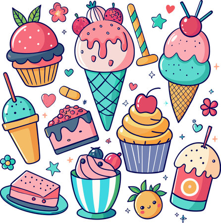 Colorful hand drawn ice cream doodles. Vector illustration.の素材