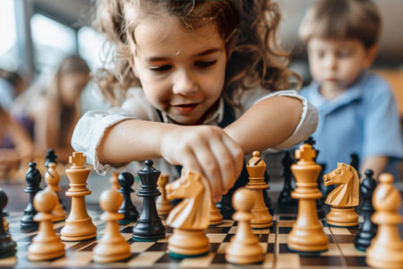 Little girl playing chess with her friends. Children play chess at home.の素材