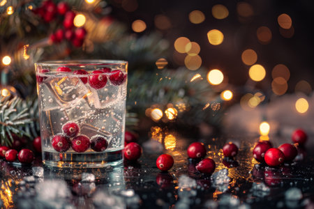 Glass of cranberry cocktail with ice cubes and cranberries on the background of Christmas lightsの素材