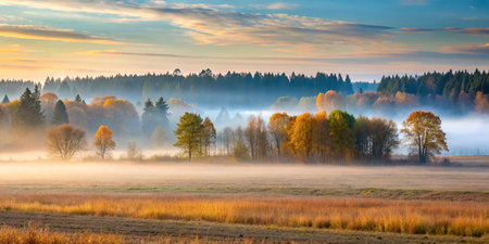 Foggy morning in the meadow. Autumn rural landscape.の素材