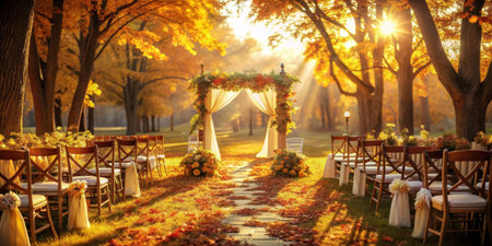 Wedding arch decorated with flowers on the background of autumn treesの素材