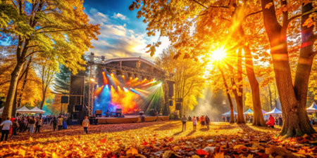 Autumn concert in the city park. Beautiful autumn landscape with bright rays of light.の素材