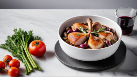 Bowl of chicken stew with red wine and vegetablesle tableの素材