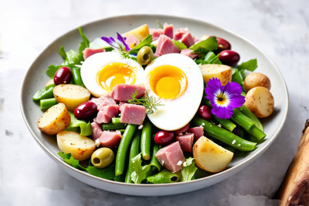 Green bean salad with boiled egg, green beans, ham, olives and potatoesの素材