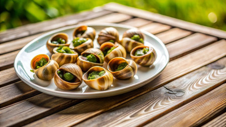 Baked snails with butter and herbs on a wooden table.の素材