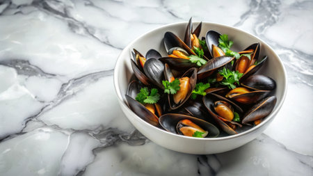 Bowl of mussels with parsley on white marble background.の素材