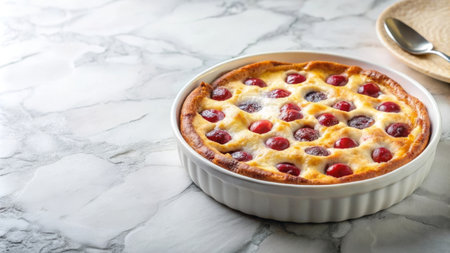 Cherry pie on white marble table, selective focus, copy spaceの素材