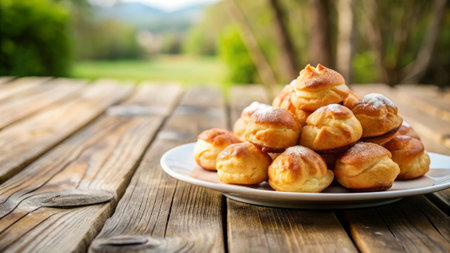 Homemade cheese buns on a plate on a wooden table.の素材