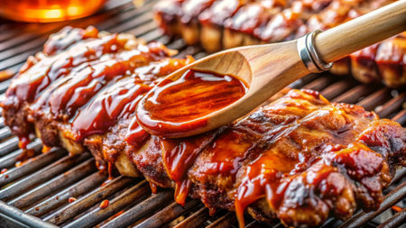 Grilled pork ribs with barbecue sauce on a barbecue grill, close upの素材