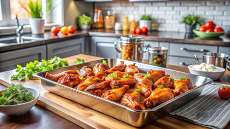 Baked chicken wings in a metal baking tray on a wooden tableの素材