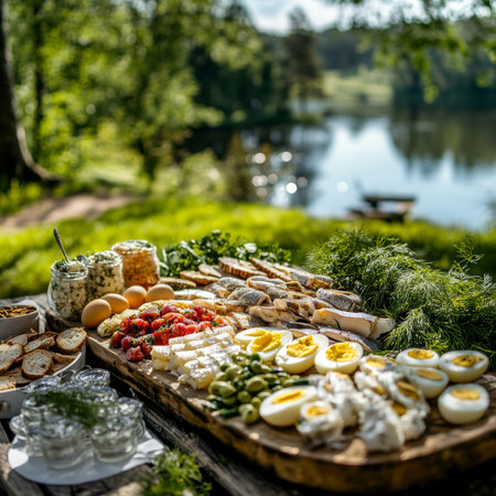 Appetizers set on wooden table in garden. Appetizers with bruschetta, cheese, tomatoes, cucumbers, olives, olives and herbs. Picnic in natureの素材