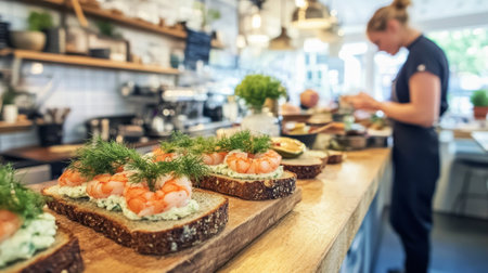 Selective focus on shrimps on toasted bread in restaurantの素材