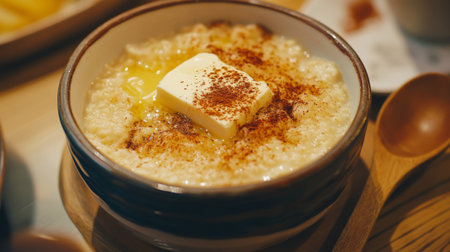 Rice pudding with butter and cinnamon in a bowl on a wooden tableの素材