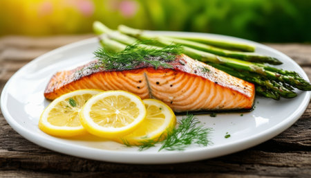 Grilled salmon fillet with asparagus and lemon on wooden backgroundの素材