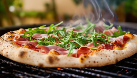 Pizza with prosciutto and arugula on the grillの素材