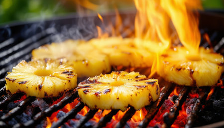 Pineapple slices on the grill with flames in the background.の素材