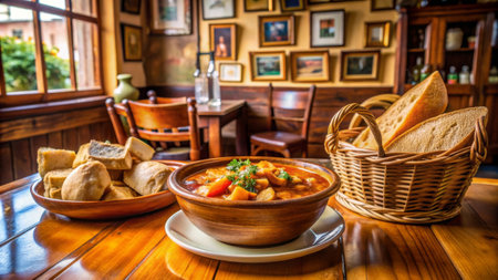 Traditional goulash soup in a bowl on a wooden table.の素材